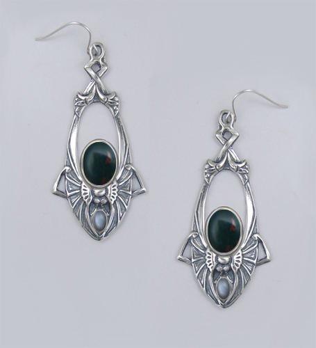 Sterling Silver Dramatic Art Deco Drop Dangle Earrings With Bloodstone And Grey Moonstone